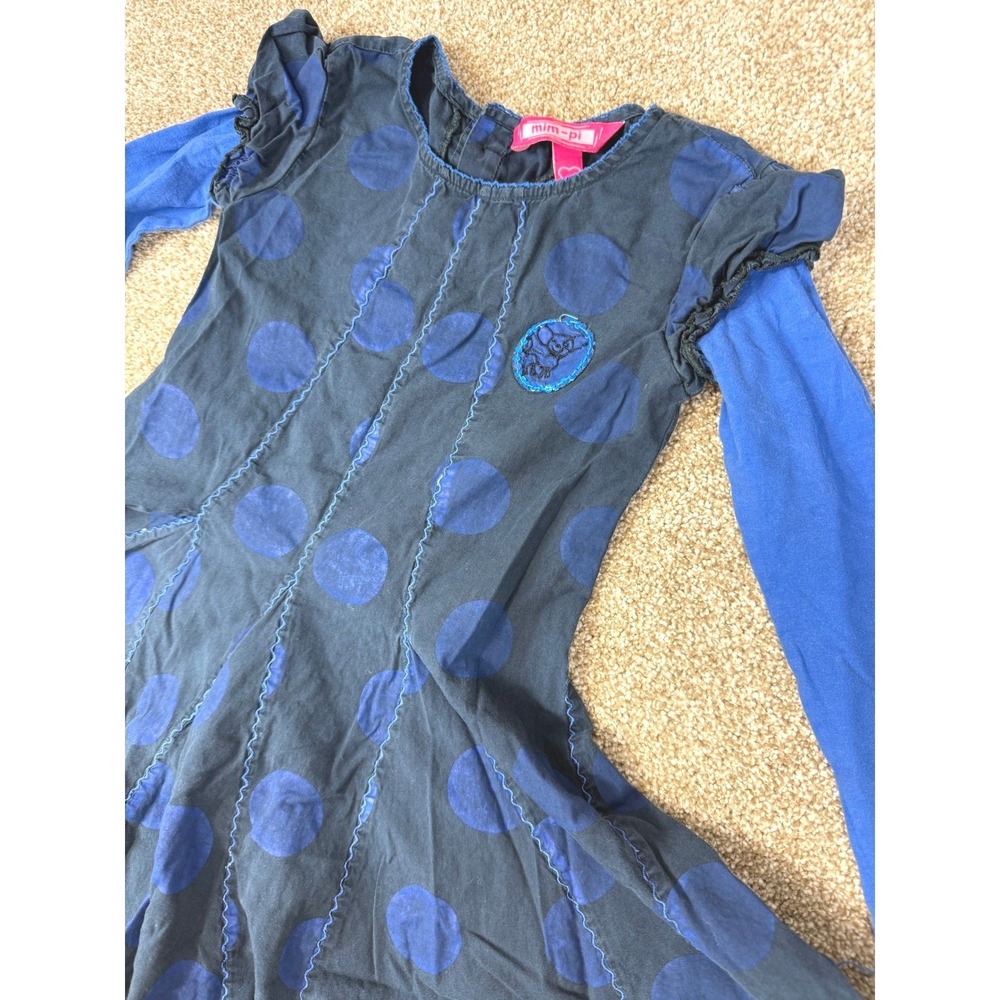Mim-pi Girls Blue Polka Dot Long Sleeve Dress Sequin Elephant Patch 6Y 116 Artsy